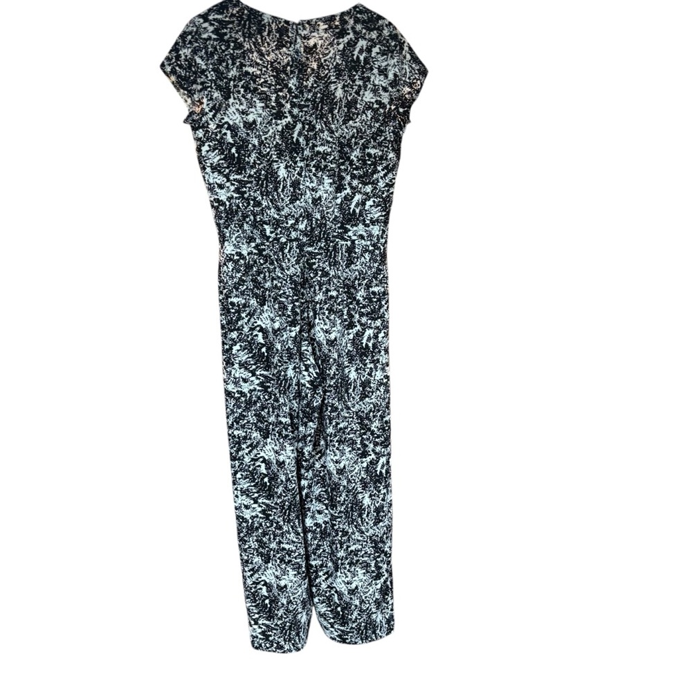 H Halston Black White Abstract V-Neck Wide‎ Leg Jumpsuit Cap Sleeve Med #463